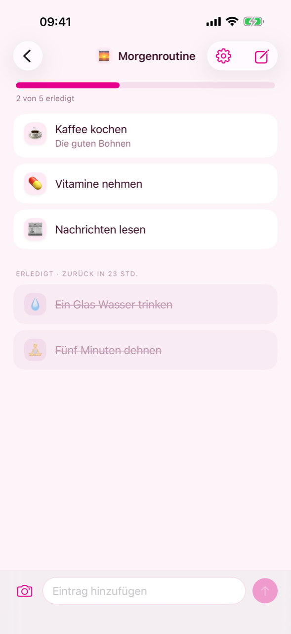 Eine Liste mit ihren Einträgen, die erledigten unten