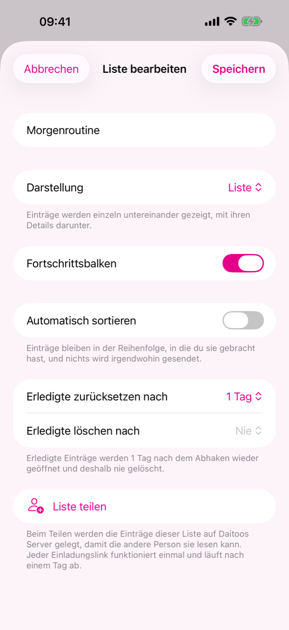 Die Listeneinstellungen mit den beiden Fristen