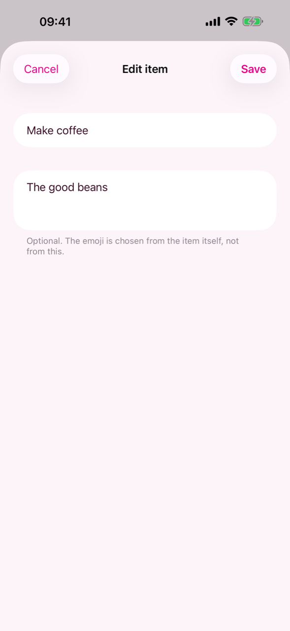 The form for editing an item and its details