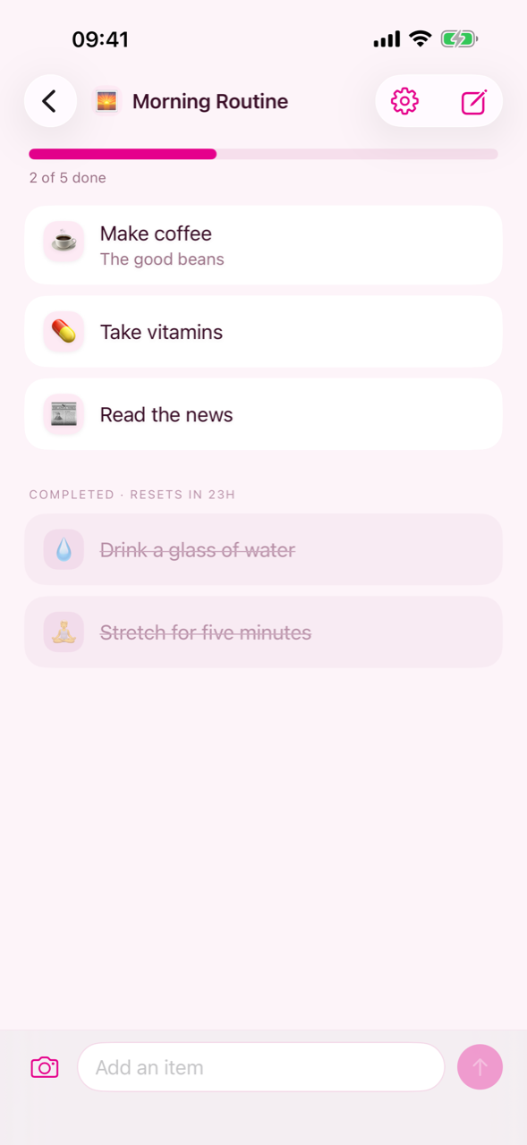 A list with its items, completed ones at the bottom
