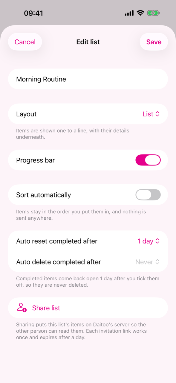 The list settings form with the reset and clear windows
