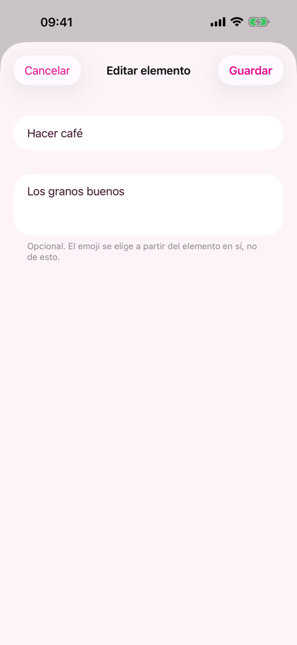 El formulario para editar un elemento y sus detalles