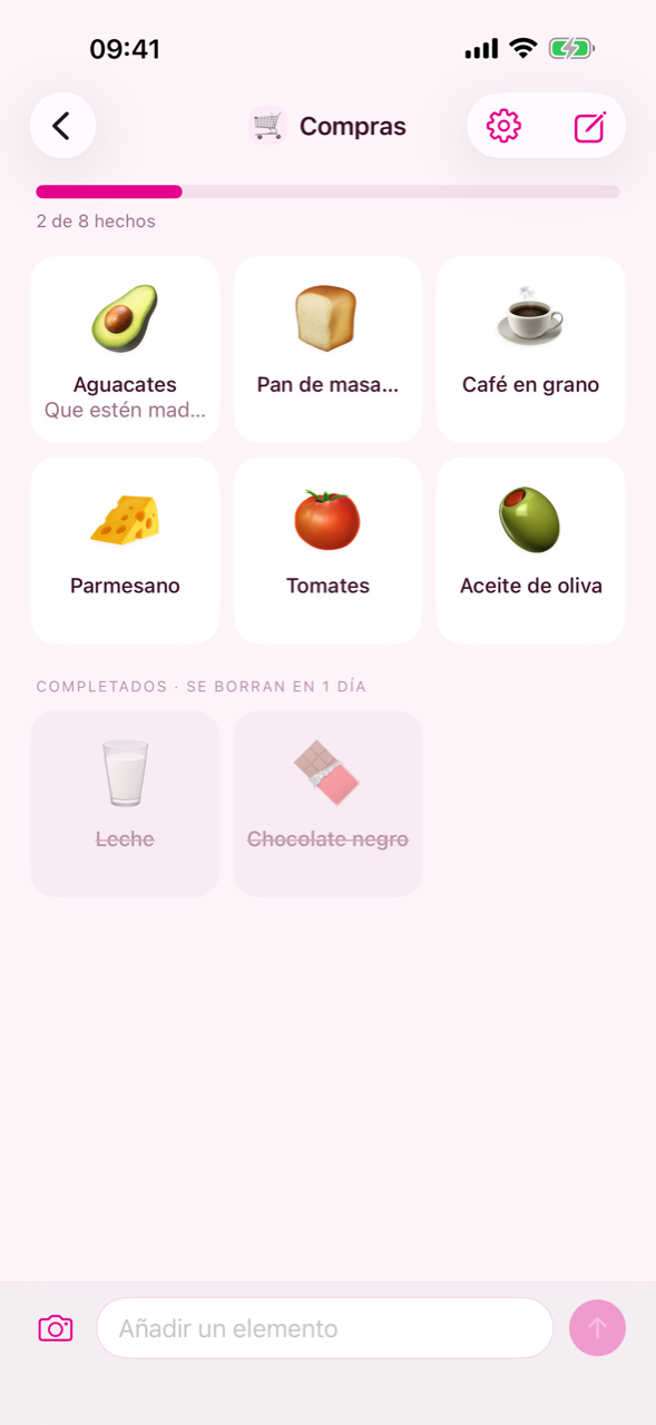 Una lista dibujada como una cuadrícula de tarjetas