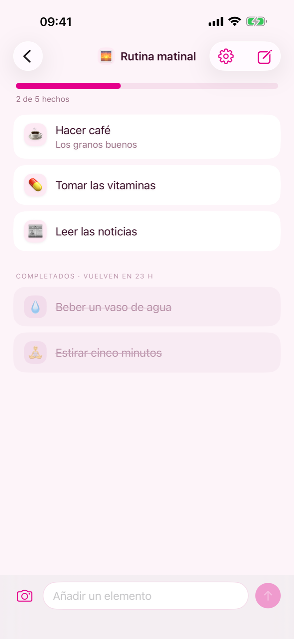 Una lista con sus elementos, los completados al final