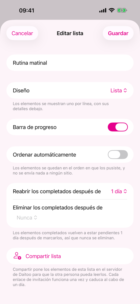 Los ajustes de la lista con los dos plazos