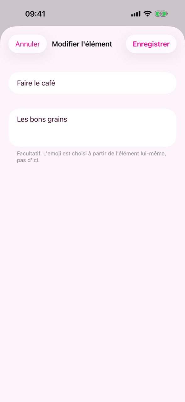 Le formulaire pour modifier un élément et ses détails