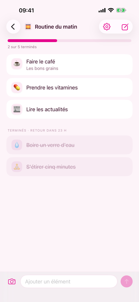 Une liste avec ses éléments, les terminés en bas