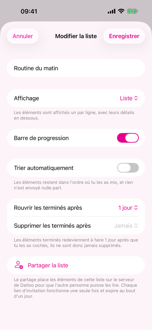 Les réglages de la liste avec les deux délais